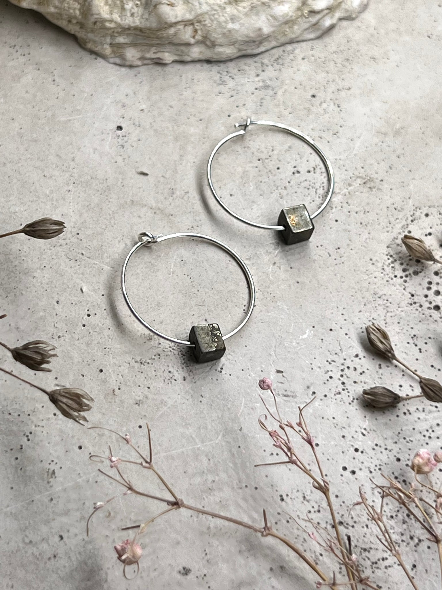 Yulia silver hoop earrings with pyrite