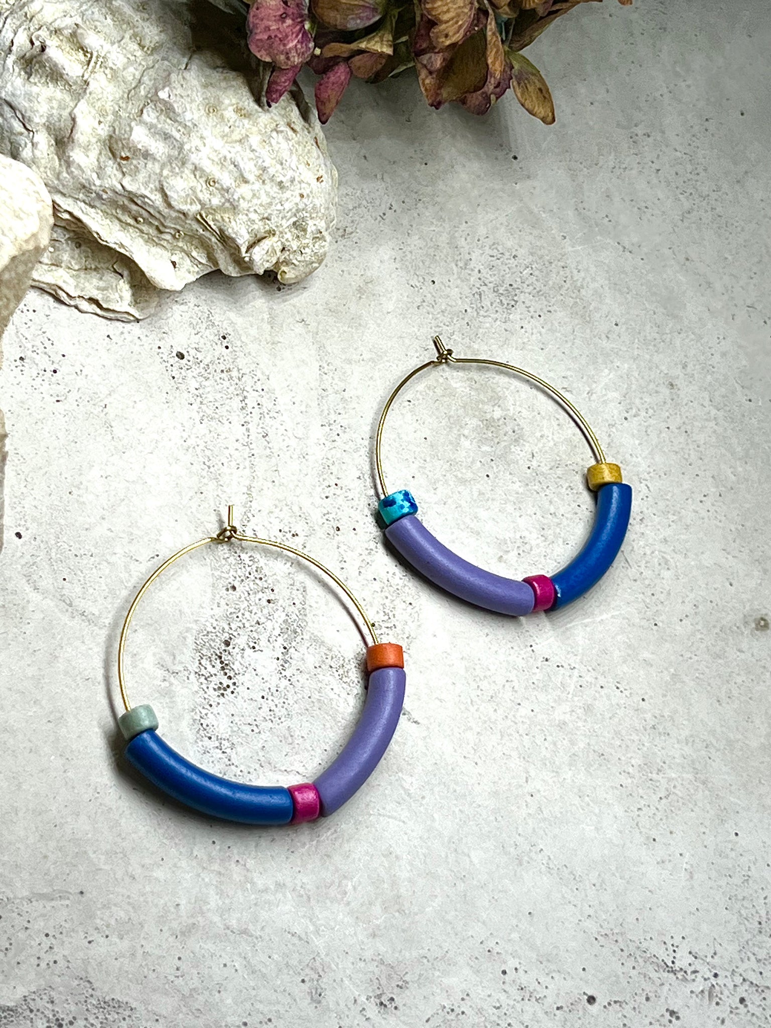 Colorblock hoop earrings with ceramic beads