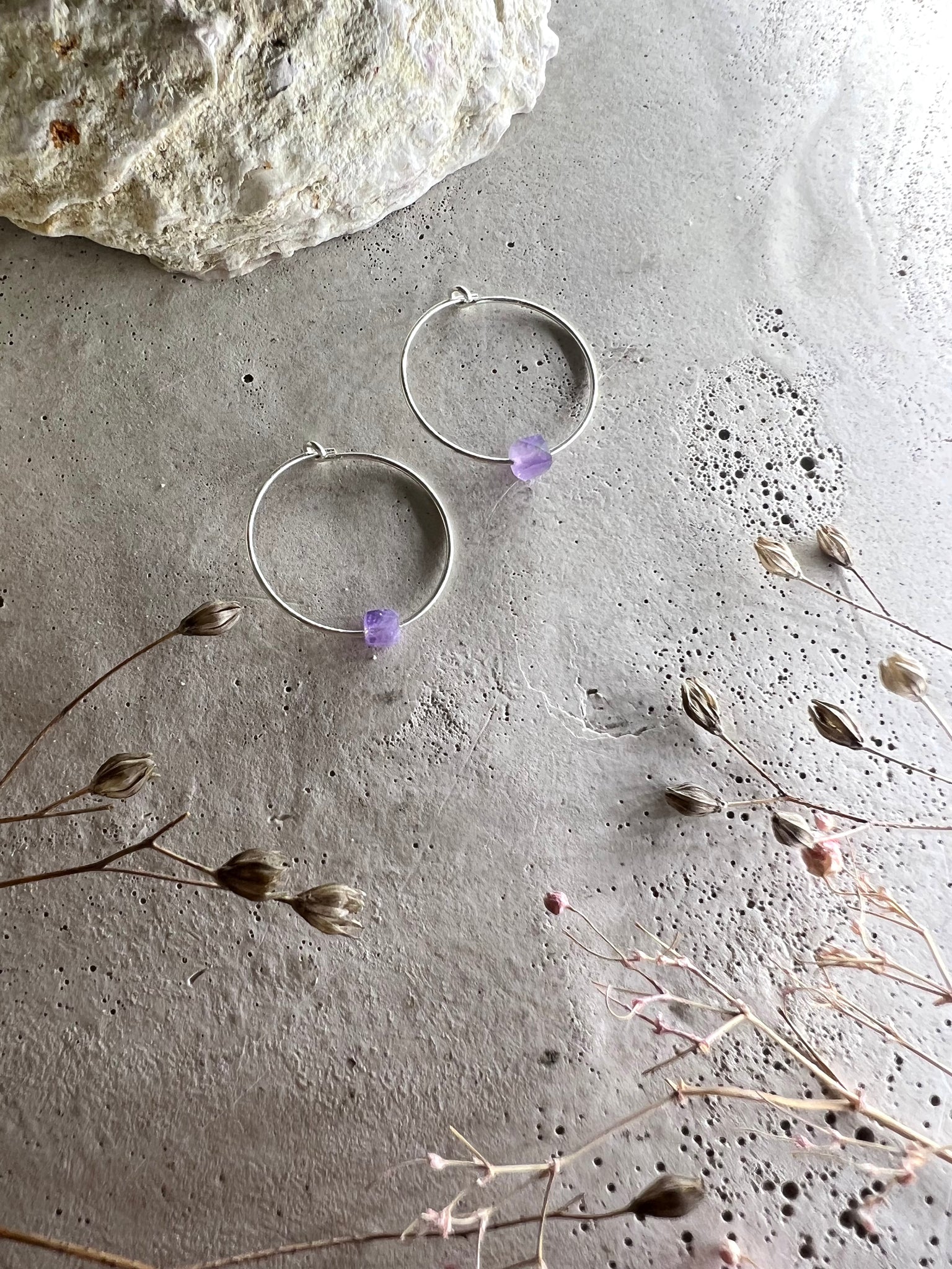 Yulia silver hoop earrings with amethyst